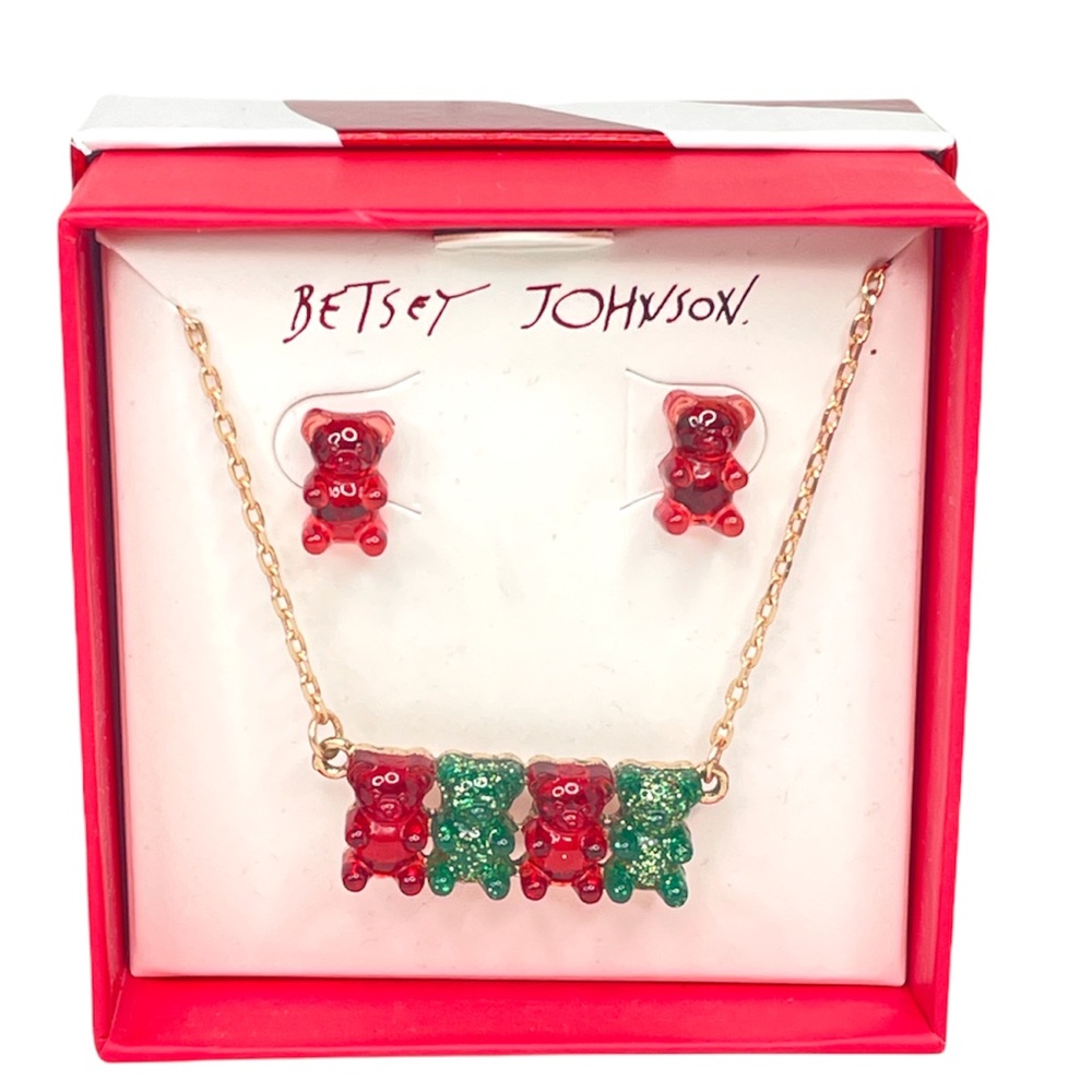 Betsey Johnson Christmas Gummy Bears Earrings and Necklace Set, Green, Red